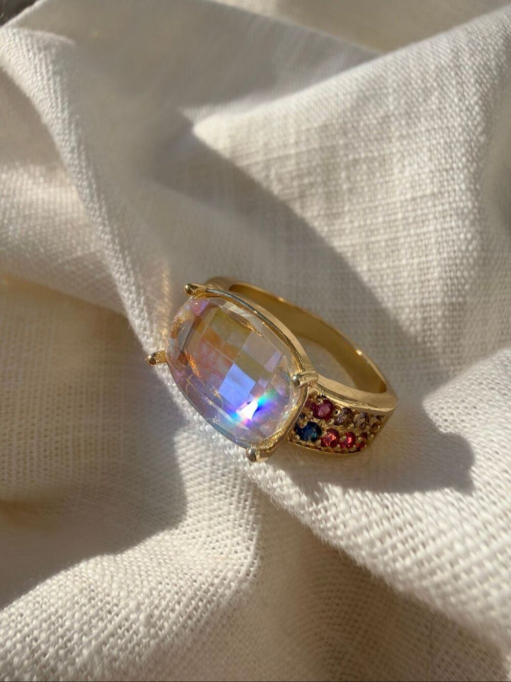 Gold Tone Iridescent Oval Statement Ring Multicolor Accents
